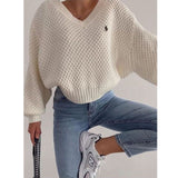 lovefery Knitted Loose Women Sweater Solid Casual V Neck Long Sleeve Pullover Sweaters  Autumn Winter Embroidery Sweater Oversize Top