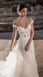 Gali Karten Sheer Bohemian Wedding Gowns Off the Shoulder Lace Illusion Bodice Tulle Sweep Train Backless Bridal Gown