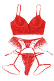 lovefery Red 3Pcs Heart Print Mesh Splice Lingerie Set