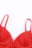 lovefery Red 3Pcs Heart Print Mesh Splice Lingerie Set