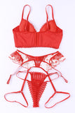 lovefery Red 3Pcs Heart Print Mesh Splice Lingerie Set