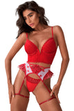 lovefery Red 3Pcs Heart Print Mesh Splice Lingerie Set