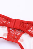 lovefery Red 3Pcs Heart Print Mesh Splice Lingerie Set