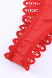 lovefery Red 3Pcs Heart Print Mesh Splice Lingerie Set