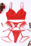 lovefery Red 3Pcs Heart Print Mesh Splice Lingerie Set