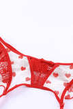 lovefery Red 3Pcs Heart Print Mesh Splice Lingerie Set