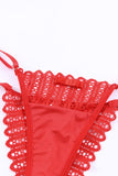 lovefery Red 3Pcs Heart Print Mesh Splice Lingerie Set