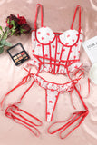 lovefery Red Heart Print Ruffled Strappy Three-Piece Lingerie Set