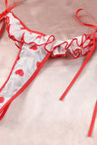 lovefery Red Heart Print Ruffled Strappy Three-Piece Lingerie Set