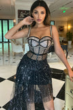 Sparkly Sequin Corset Draped Tulle Skirt Two Piece Dress - Black