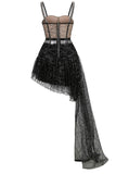 Sparkly Sequin Corset Draped Tulle Skirt Two Piece Dress - Black