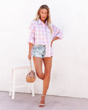 Styles Cotton Plaid Button Down Top - Lilac Multi