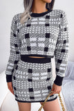 Two Tone Plaid Knitted Cropped Sweater Mini Skirt Two Piece Dress - Black