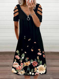 V-neck Short Sleeve Casual Zipper Loose Dress