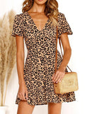 V-Neck Short Sleeve Leopard Print Dress