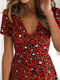 V-Neck Short Sleeve Leopard Print Dress