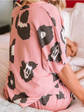 V-Neck Short Sleeve Leopard Print Loungewear Two-Piece Suit