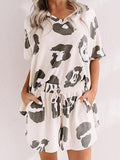 V-Neck Short Sleeve Leopard Print Loungewear Two-Piece Suit