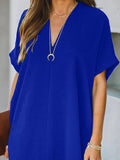 V-neck Short Sleeve Solid Color Loose Dress