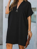 V-neck Short Sleeve Solid Color Loose Dress