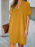 V-neck Short Sleeve Solid Color Loose Dress