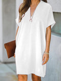 V-neck Short Sleeve Solid Color Loose Dress