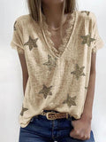 V-neck Short-sleeved Star Print Lace T-shirt