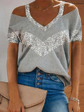 V-neck Solid Color Casual Short-sleeved Stitching Loose T-shirt