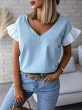 V-neck Solid Color Lace Ruffle Sleeve Blouse