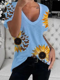 V-Neck Sunflower Print Short Sleeve T-Shirt