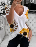 V-Neck Sunflower Print Short Sleeve T-Shirt