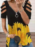 V-neck Zipper Cutout Short Sleeve Sunflower T-shirt