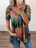 V-neck Zipper Printed Short Sleeve Loose T-shirt