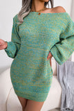 Vintage Boat Neck Long Sleeve Marled Knit Sweater Mini Dress - Blue