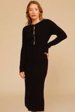 Vintage Cutout Long Sleeve Winter Pullover Sweater Midi Dress - Black