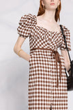 Vintage Puff Sleeve Square Neck Gingham Check Midi Dress - Brown