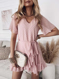 Waist V-neck Short Sleeve Solid Color Dress