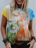 Watercolor Floral Print Round Neck Short Sleeve T-Shirt