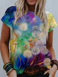 Watercolor Floral Print Round Neck Short Sleeve T-Shirt