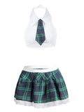 lovefery White Halter Tank Tops & Plaid Skirt Lingerie Set