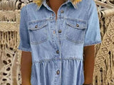 Women Button Down Loose Short Sleeve Denim Jean Dress