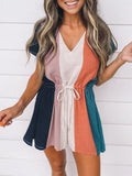 Women Colorblock Short Sleeve V Neck Drawstring Romper