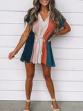 Women Colorblock Short Sleeve V Neck Drawstring Romper