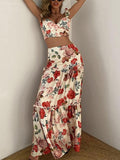 Women Floral Print Sleeveless Crop Top & Floor Length Maxi Skirt Set