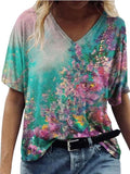 Women Floral Printed V Neck Short Sleeve T-shirts