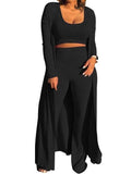 Women Solid Color Knit Crop Top & Wide Leg Pants & Cardigan Sets