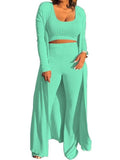 Women Solid Color Knit Crop Top & Wide Leg Pants & Cardigan Sets