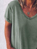 Women Solid Color V Neck Short Sleeve T-shirt