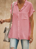 Solid Lapel Short Sleeve Pocket Blouse