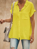 Solid Lapel Short Sleeve Pocket Blouse